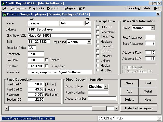 Medlin Payroll for Windows 31 2001Business Finance by Medlin Accounting Shareware - Software Free Download
