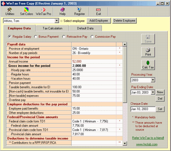 WinTax-Canadian Payroll Tax Calculator 7.01Business Finance by HRIS Consultants Ltd. - Software Free Download