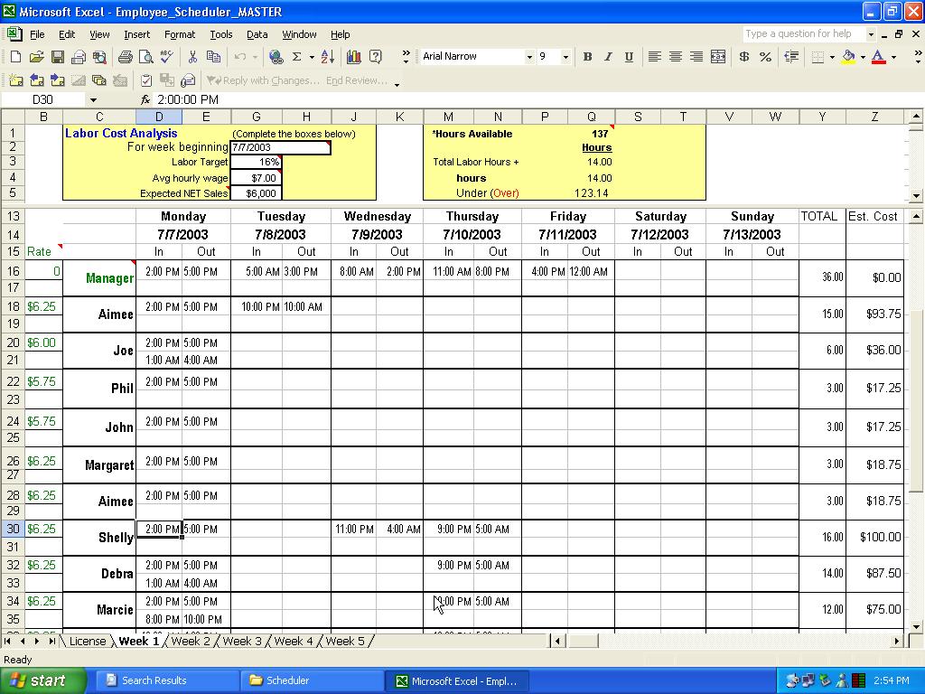 Employee Scheduler for Excel and OpenOffice