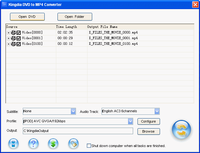 Kingdia DVD to iPod/PSP/3GP/MP4/AVI converter