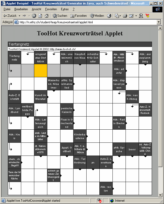 TooHot Crossword Puzzle Java Applet
