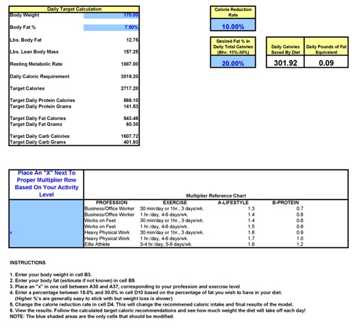 Diet Calculator for Excel