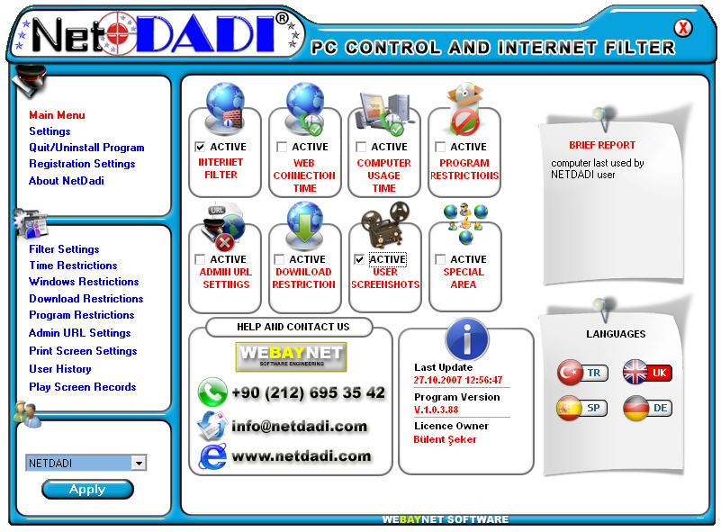 NETDADI PC CONTROL AND INTERNET FILTER